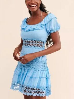 Free People Mixed Emotion Sky Blue Crochet Tiered Mini Dress